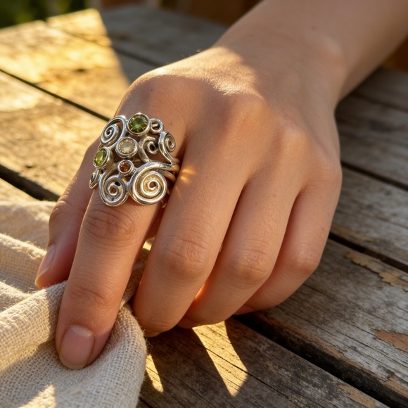 Pandora Silver Swirl Ring with Yellow and Pink Stones - Picture 3 of 4